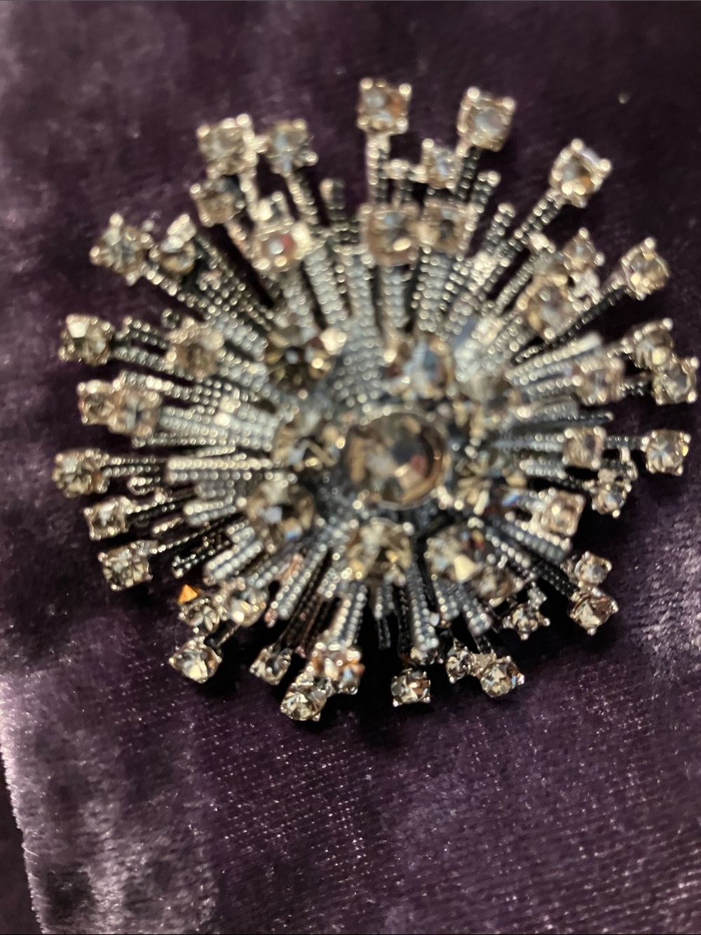 Crystal Starburst Brooch - Silver Tone Clear Crystal Magnetic Pin